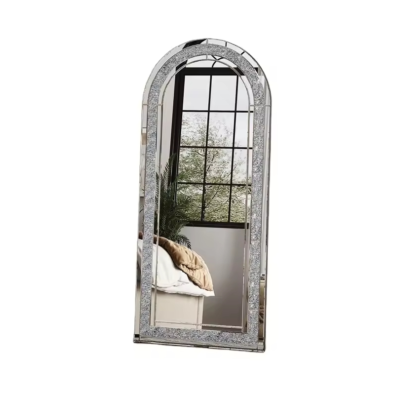 Custom Size and Color Glass Framed Arched-Top floor mirror with Crushed Diamond